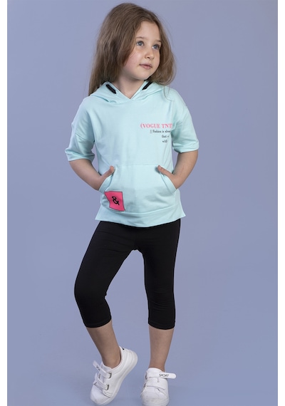 Toontoy Kids Toontoy Kız Çocuk 2'li Takım Baskılı Kapüşonlu Cepli Kısa Kollu Yırtmaçlı Sweatshirt & Basic Düz Crop Tayt Su Yeşili