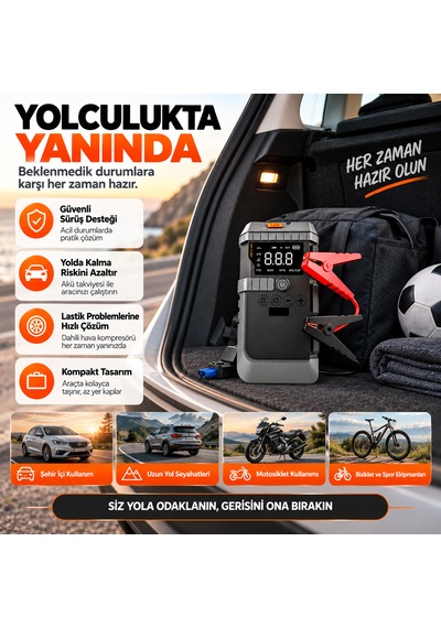 19800 Mah 12v Akü Takviye Cihazı Jump Starter Hava Kompresörlü