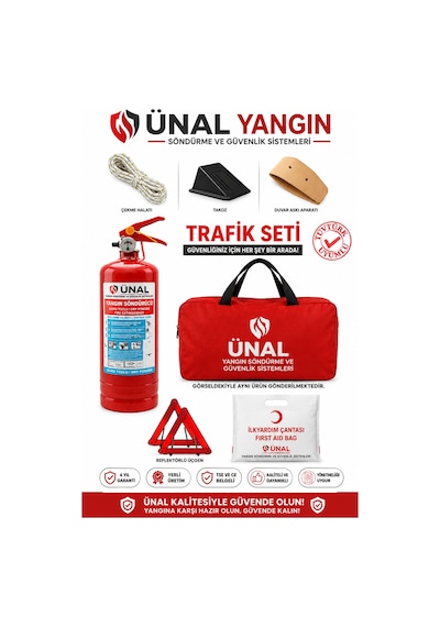Trafik Seti 1 Kg Yangın Söndürücü İlk Yardım Çantası Reflektörlü Üçgen Çekme Halatı Takoz