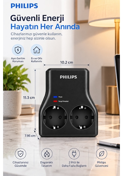Philips Chp7022b/62 İkili Akım Korumalı Priz 1140j Aşırı Gerilim Koruma Yok