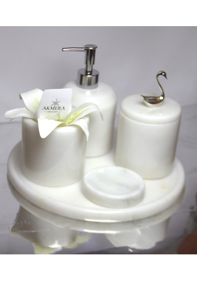 Akmera Afyon Beyazı Mermer 5 Parça Lüks Banyo Aksesuarı Beyaz