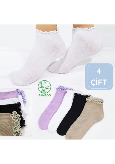 Kral Socks Kadın Bambu Çorap 4 Çift Renkli Fırfırlı Patik Kadın Çorap Çok Renkli
