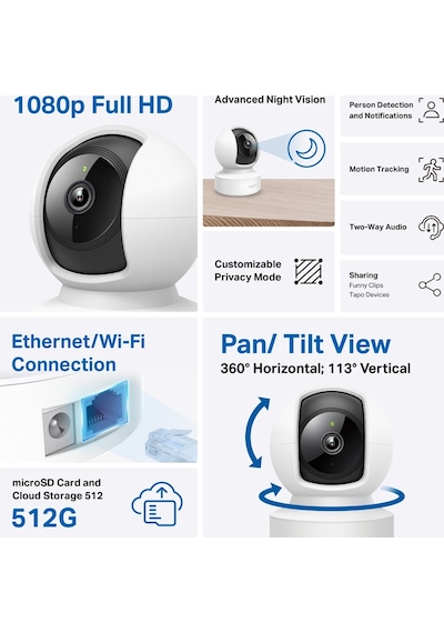 Tp-lınk Tapo C202, Bebek/ev Güvenlik Kamerası, Wifi-ehernet, 1080p, 12mt Gece Görüşü, Pan/tılt, İki Yönlü Ses