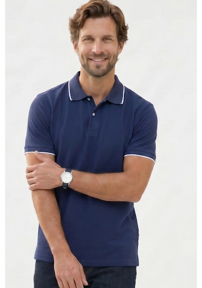 Tudors Erkek Regular Fit Klasik Kesim %100 Pamuk Kısa Kollu Çizgi Detaylı Lacivert Polo Yaka Tişört-50851