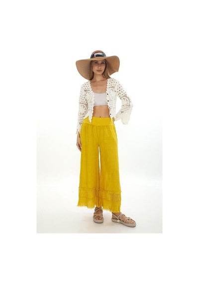 Eren Style İtalyan Fisto Detaylı Keten Pantolon-9186 Sarı