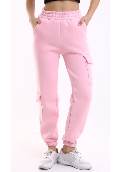 Winmoda34 Kadın Jogger Kalın 3 İplik Yandan Cepli Kargo Eşofman Altı Pembe