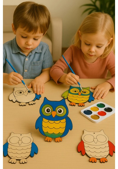 Baykuş 10 Adet Ahşap Boyama Etkinlik Seti Eğitici Çocuk Aktivite + Fırça + Akrilik Boya Kreş Okul