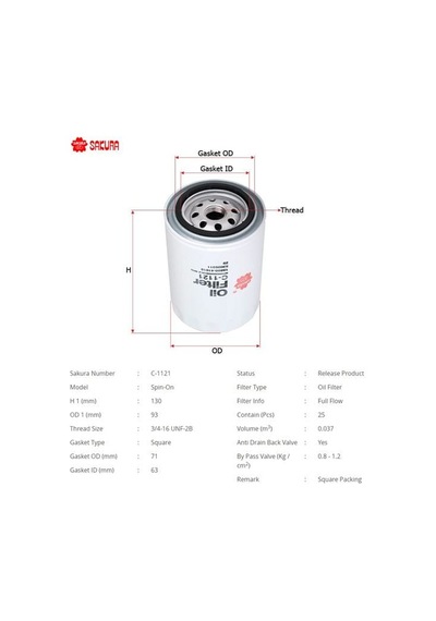 SAKURA C1121 Yağ Filtresi Hilux (Ln56	 Ln65	 Ln85	 Ln106	 Ln145) : Hıace (H1) 2.4 D 90-00 84-05 2.4 D:2.8 D