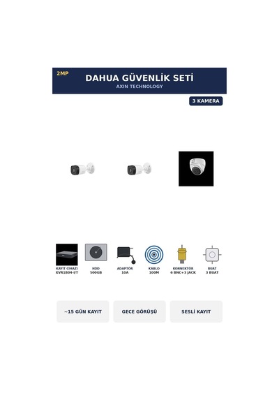 3 Kameralı 2mp Güvenlik Kamera Seti Sesli Gece Görüşlü Dome+bullet 500gb 15 Gün Kayıt
