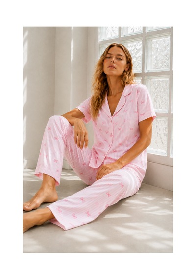 Fit Women Kadın Genç Loose İpliği Boyalı Pembe Pijama Takımı