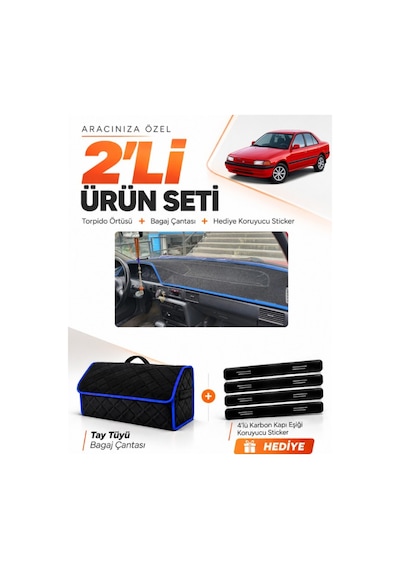 E-biz Mazda 323 Sedan 1991-1995 Uyumlu Torpido Örtüsü + Tay Tüyü Çanta - Siyah-mavi - Ma006