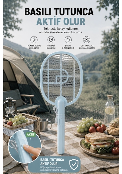 Glr Usb-016 Mavi Şarj Edilebilir Sinek Raketi Type-c Girişli Sivrisinek Ve Sinek Öldürücü Raket
