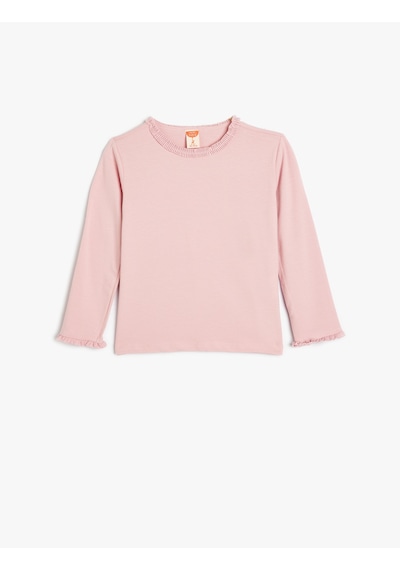 Koton Basic Fırfırlı Uzun Kollu Tişört Bisiklet Yaka Pamuklu Pembe 5wmg10003ak Pembe
