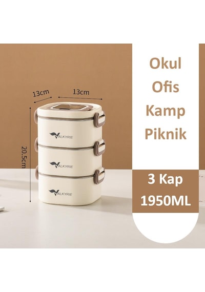 Valkyrie 1950 Ml 3 Katlı Paslanmaz Çelik Yemek Kabı Termal Çantalı, Akıtmaz, Bpa Sız Tek Kap 3 Öğün Krem