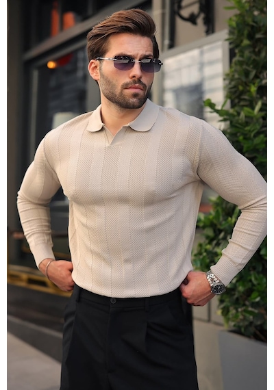 Madmext Taş Rengi Regular Fit Polo Yaka Triko Erkek Kazak E7509
