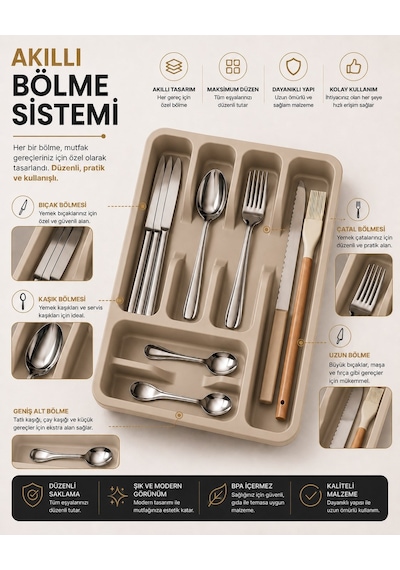 6 Bölmeli Çekmece İçi Kaşıklık, Plastik Çatal Bıçak Organizeri, Mutfak Düzenleyici Bej S-11003
