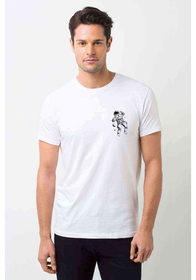 Astronot Uzay Boşluğu Göğüs Baskılı Beyaz Erkek Tshirt (530998061)