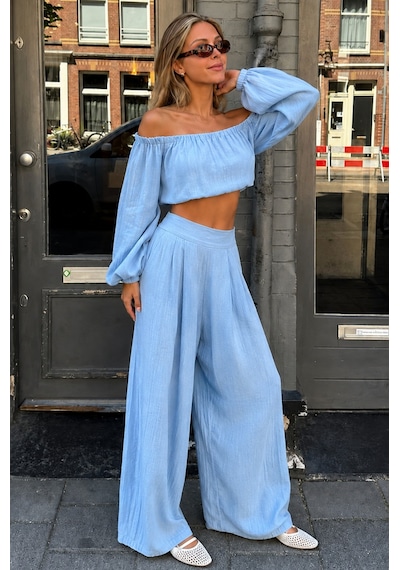 Madmext Bebe Mavisi Madonna Yaka Bluz Bol Paça Pantolon Kadın Takım Mg2863
