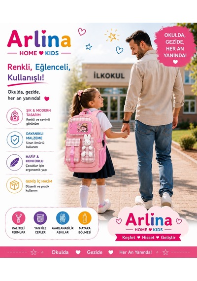 Kore Model Tavşan Aksesuarlı Su Geçirmez Kız Çocuk Çantası Pudra Pudra Pembe