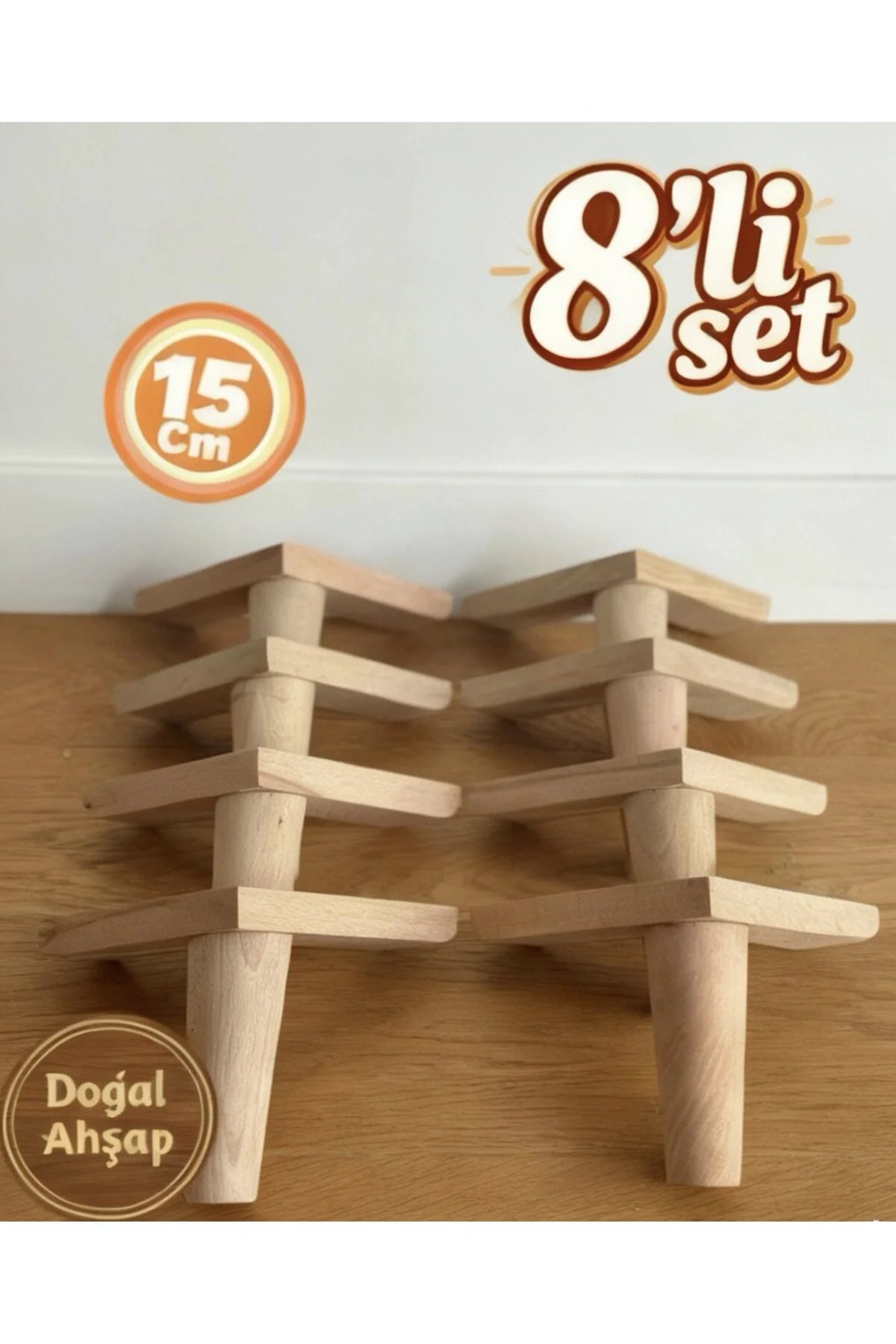 1. Sınıf Gürgen Ağacı 15 Cm 8'li Set Mobilya Kanepe Koltuk Tv Ünitesi Yükseltme Koltuk Ayağı Ahşap