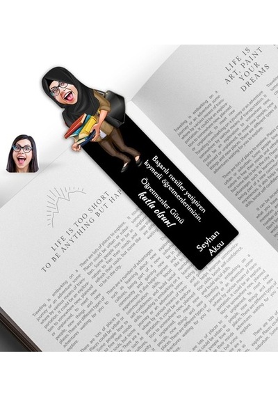 Kişiye Özel Tesettürlü Kadın Öğretmen Karikatürlü Ahşap Kitap Ayr (516349795)