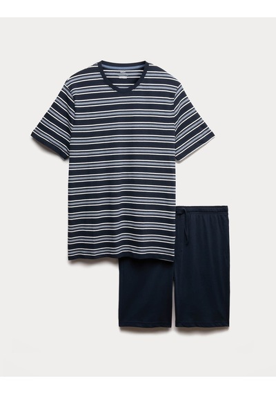 Marks & Spencer Saf Pamuklu Çizgili Pijama Takımı T07000090 Lacivert