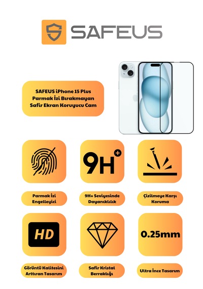 Safeus Tam Kaplayan Parmak İzi Bırakmayan Safir Ekran Koruyucu Cam Apple Uyumlu iPhone 15 Plus İle