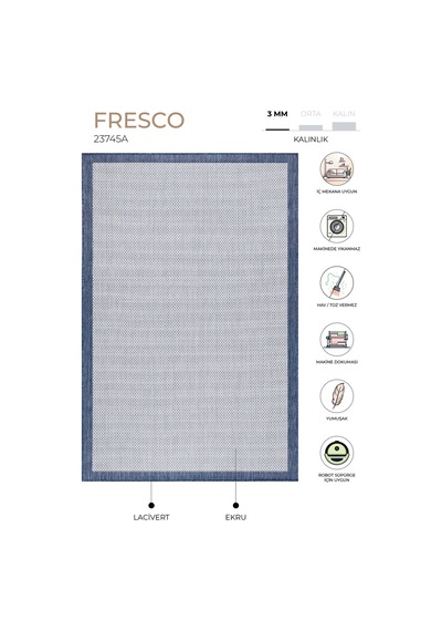 Fresco Ekru Lacivert İskandinav Jüt Yıkanabilir Halı Kilim Balkon Teras Salon Koridor Halısı 23745a Lacivert