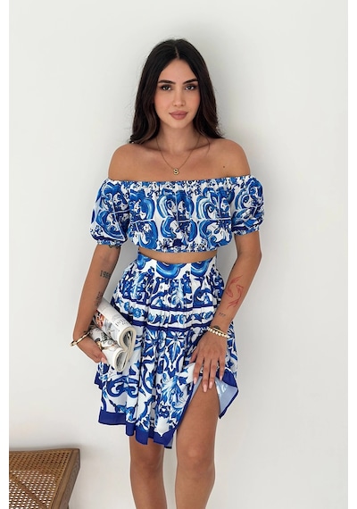 Asprin Fashion İthal Krep Kumaş Desen İkili Takım Mavi Mavi