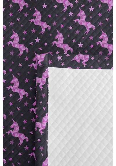 Evimde Bambaşka Unicorn Yıldızlı Antrasit Kız Çocuk Pike Takımı - Pembe Mor Bebek Odası Yatak Örtüsü - 160x220  CM