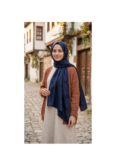 Nukra Jakarlı Pamuk Tesettür Şal Osmanlı Desen Lacivert 70 X 190 Cm