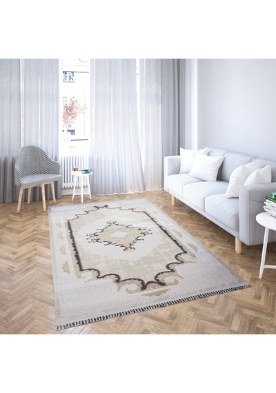 Nostalji Seri Klasik Motifli Altı Kaymaz Makine Dokuma Halı 13455-837 Beyaz