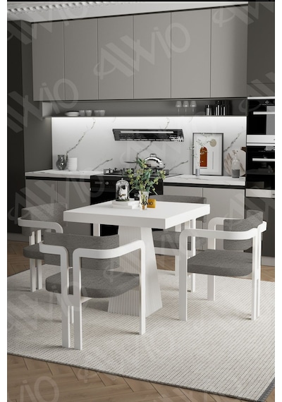 Avvio Bianco Lake Mdf Ayak Tokyo Demonte Sandalye 80x80 Yemek Masası Mutfak Masası 4 Kişilik Beyaz
