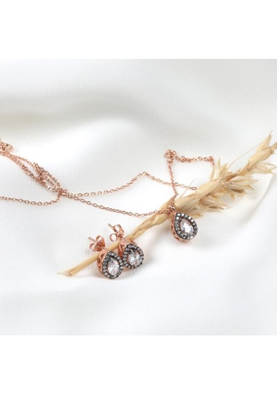 Brezza Lusso Jewelry Gümüş Elmas Montür Set Baget Kadın Gümüş Kolye Küpe Set 42 CM