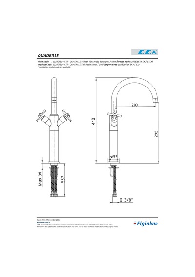 Eca Quadrille Yüksek Tip Lavabo Bataryası Altın 102808614