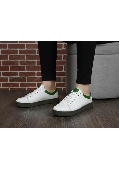 Catelli %100 Deri Ortopedik Erkek Rahat Günlük Sneaker Mevsimlik Taraftar Ayakkabı 40-44 Yeşil Beyaz
