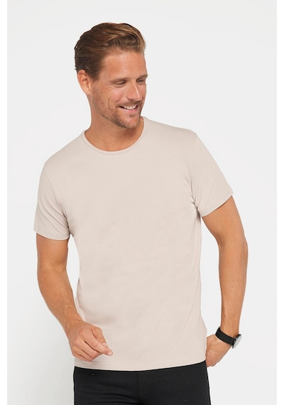 Tudors Erkek Slim Fit Dar Kesim Pamuklu Likralı Esnek Kumaş Basic Taş Renk Bisiklet Yaka Tişört-27719 Taş