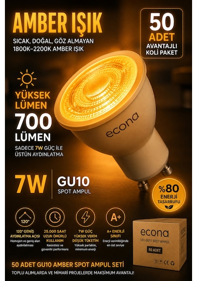 50 Adet Amber 7w Gu10 Duy Led Spot Ampul 50li Koli Paket ,700 Lümen Sıcak & Doğal Amber Işık, Gün Işığı Dekoratif Spot Aydınlatma Seti Uzun Ömürlü Kehribar Renk Spot Ampul