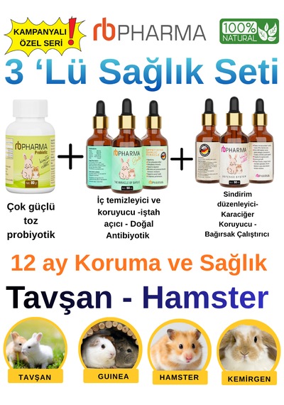 Tavşan Hamster Guinea Pig Kemirgen Sağlık Seti 3'lü - Probiyotik Toz, Doğal Sarımsak Ekstresi Ve Bağışıklık Destek Damlası