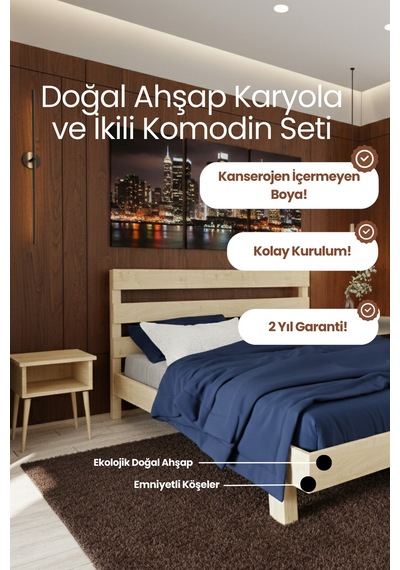 Renazzo Natura New Masif Ahşap Karyola Ve 2 Adet Komodin Natürel 200x200 Natürel - 200 X 200 Renazzo Natura New Masif Ahşap Karyola Ve 2 Adet Komodin Natürel 200x200 Natürel - 200 X 200