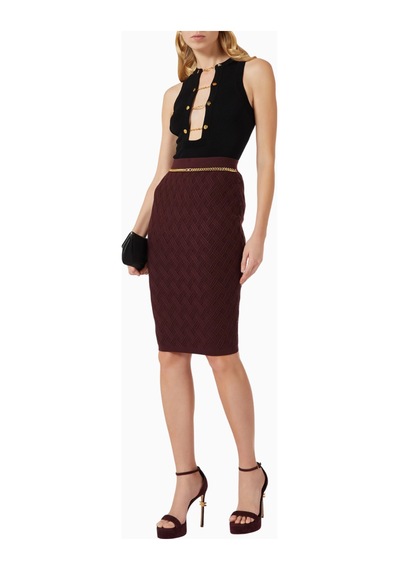 Elisabetta Franchi Dokulu Triko, Zincir Ve Taş Detaylı Lüks Chain Accent Midi Etek Bordo