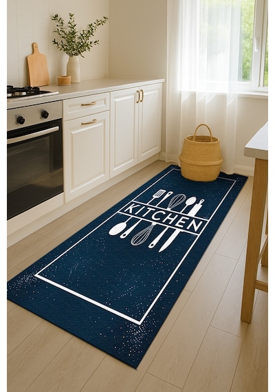 Turkıshrug Kıngdom Lacivert Kitchen Yazılı Halı Modern Dijital Baskılı Tasarım Çok Renkli