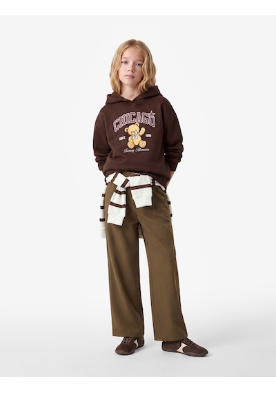 Koton Ayıcık Baskılı Şardonluuzun Kollu Kapşonlu Sweatshirt Kahverengi 7wkg10369ak Kahve