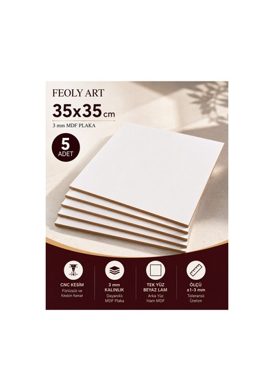 Mdf - 35x35 Cm Beyaz Lam Mdf Plaka 3mm - 5 Adet - Beyaz Pasta Altlığı