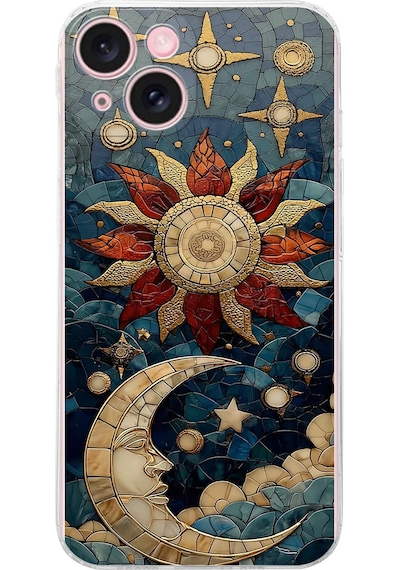 Printify Apple Uyumlu iPhone 15 Plus İle  Vitray Sol Ve Luna Tasarımlı Şeffaf Silikon Kılıf Şeffaf