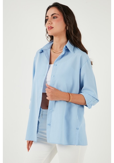 Lela Pamuklu Regular Fit Iliklenebilen Yırtmaç Detaylı Bayan Gömlek 6772920 Bebe Mavi