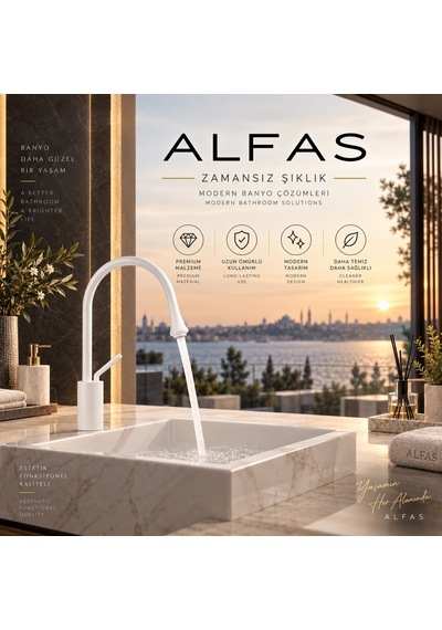 Alfas Beyaz Pirinç Banyo Lavabo Bataryası Yüksek Kuğu Boyun 360 Dömer Modern Tasarım