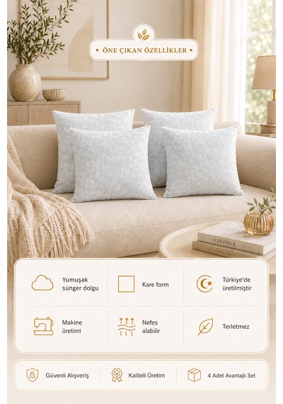 Yuenze Home 4 Adet Süper Dolgun Kare Kırlent İçi Yastık Sünger Dolgulu 43 x 43