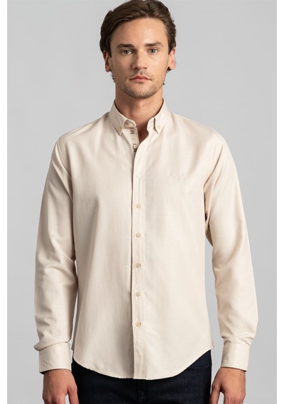 Tudors Slim Fit Dar Kesim Uzun Kol Erkek Gömlek-23385 Bej