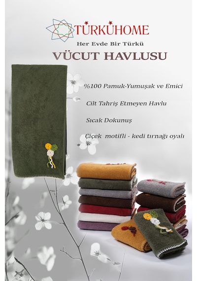 Çiçek Motifli, Kedi Tırnağı Oyalı, Yumuşak Dokulu Pamuklu Vücut Havlusu 70x130 Cm Yeşil